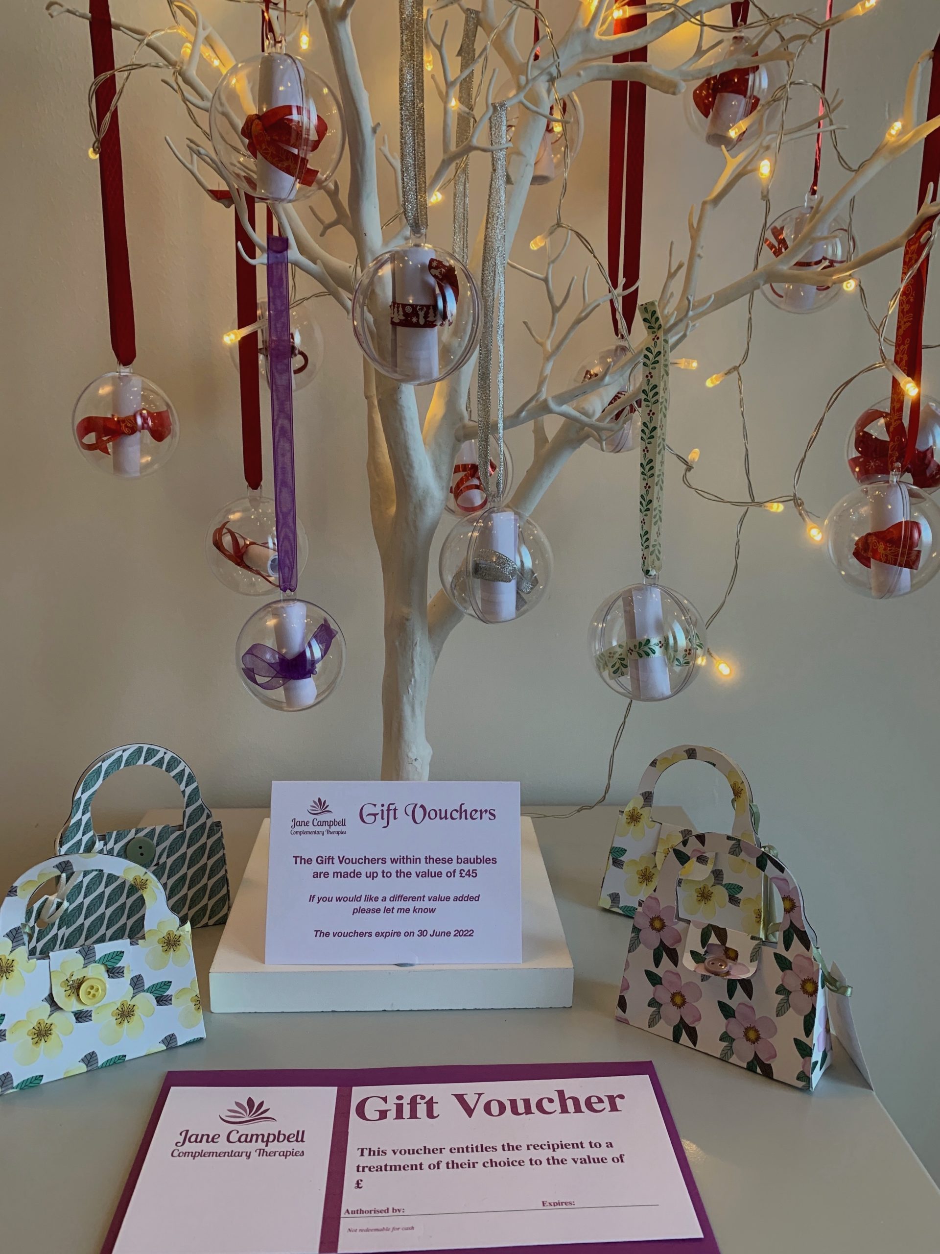 Gift Vouchers available in the treatment room.  Baubles are only available during November and December.